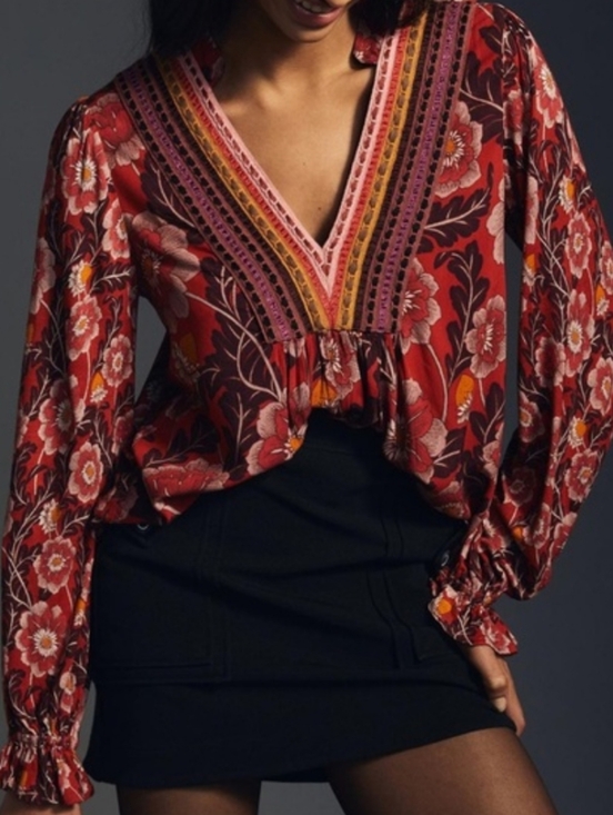 Anthropologie Tops - Bl^nk London X Anthropologie Stephanie Red Floral Embroidered V-Neck Top